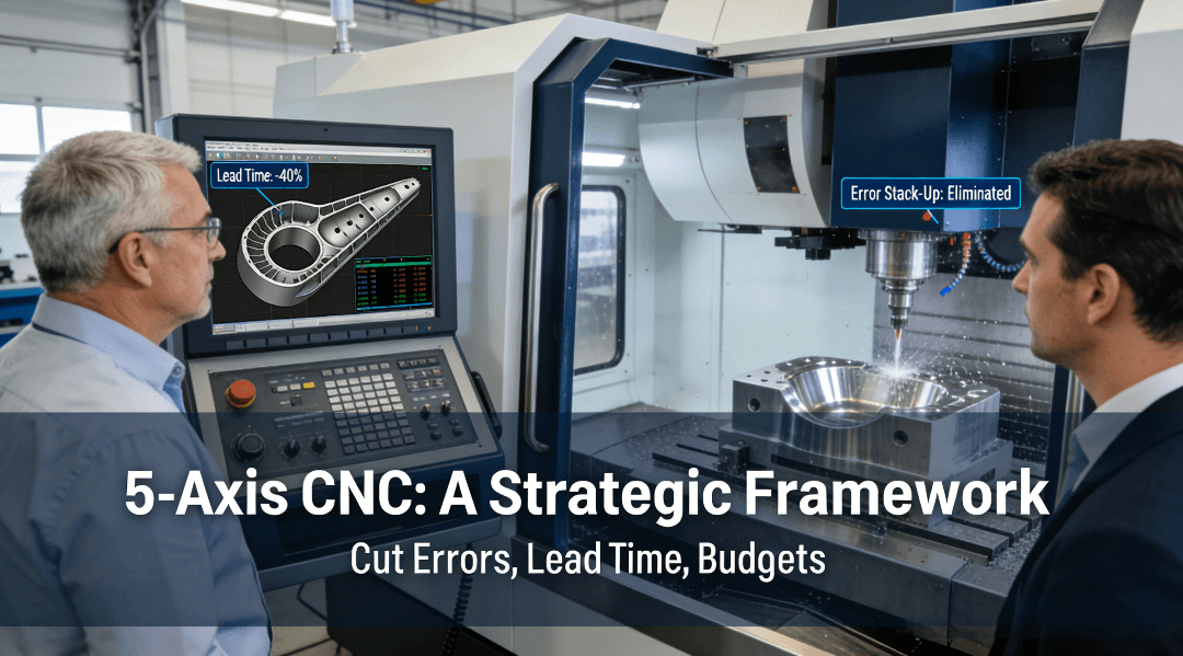 Engineering and project management professionals collaborate in a modern precision manufacturing workshop, analyzing the real-time simulation and data of a complex 5-axis CNC machining process, illustrating a strategic framework to eliminate errors and control costs.