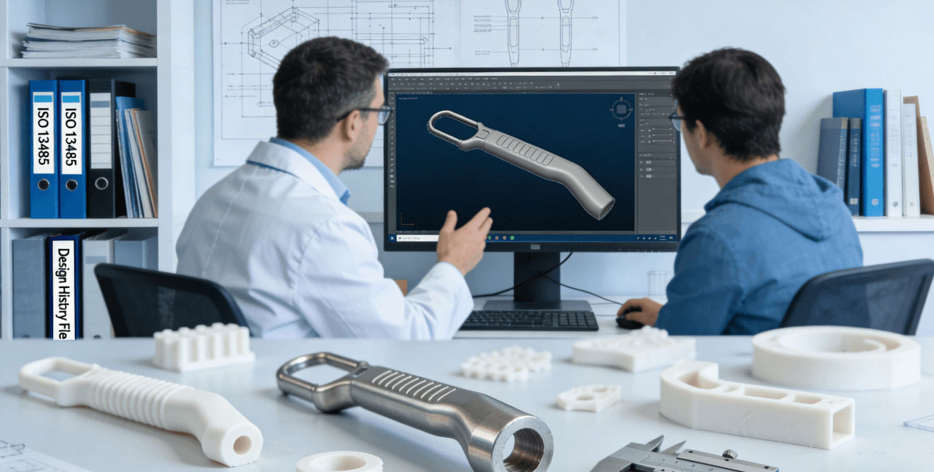 Engineer and colleague reviewing a 3D CAD model of a medical device alongside CNC-machined titanium and PEEK prototypes in a professional lab, with ISO 13485 documentation in the background.